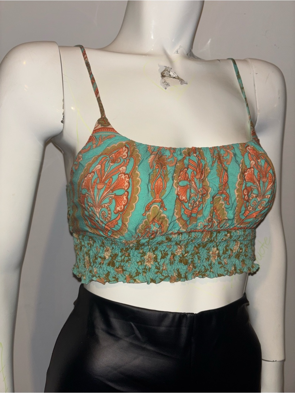 Turquoise & Orange Paisley Smocked Crop Top - Women's